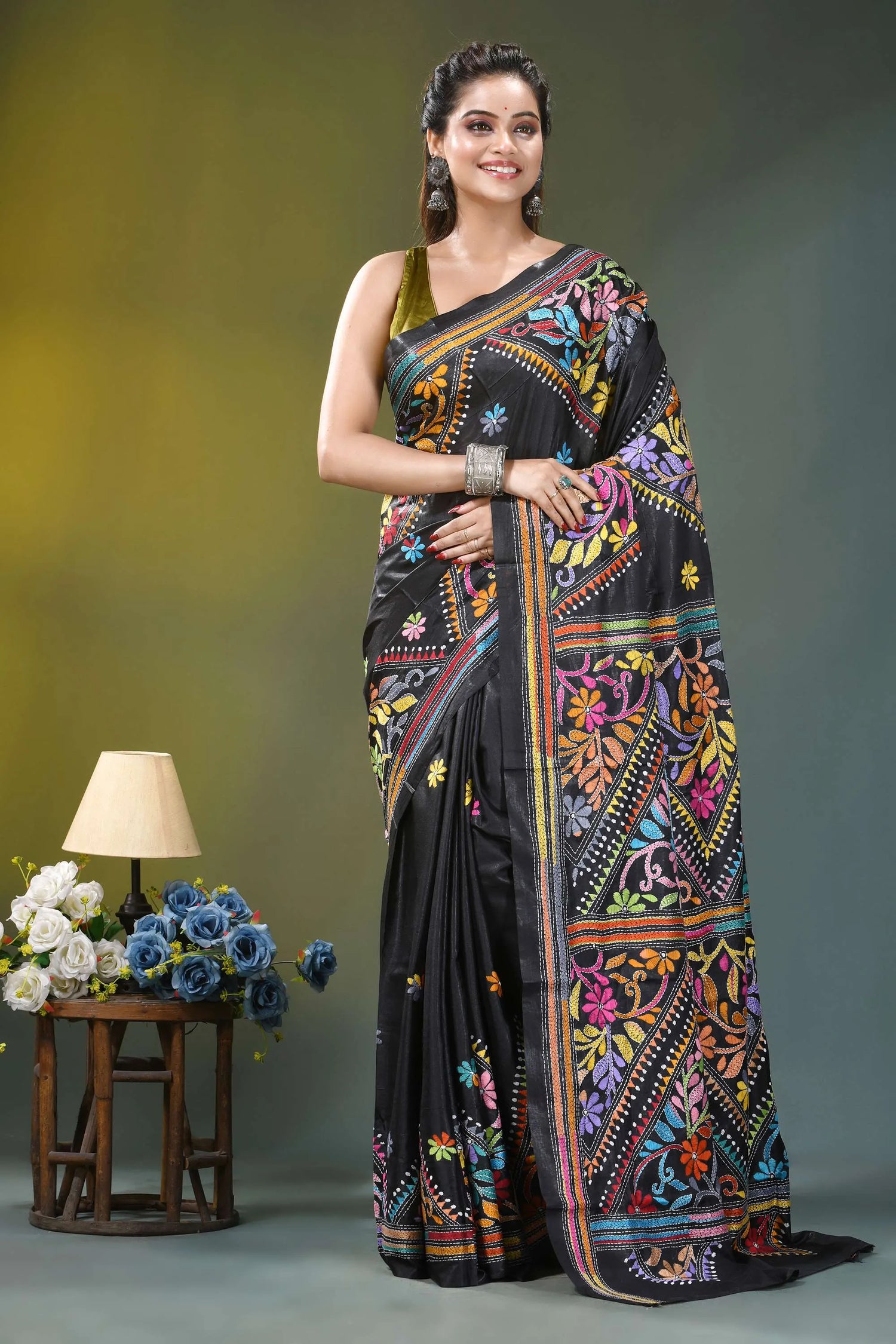 Jet black ethnic design hand embroidered silk kantha saree black silk saree adorned vibrant 6