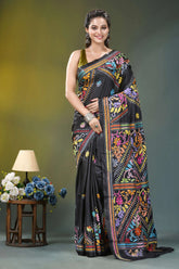 Jet black ethnic design hand embroidered silk kantha saree black silk saree vibrant multicolored 1