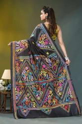 Jet black ethnic design hand embroidered silk kantha saree black embroidered saree vibrant multicolored 5