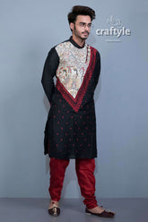 Jet Black Exclusive Madhubani Silk Kurta - Embroidered Ethnic Wear for Men - Craftyle