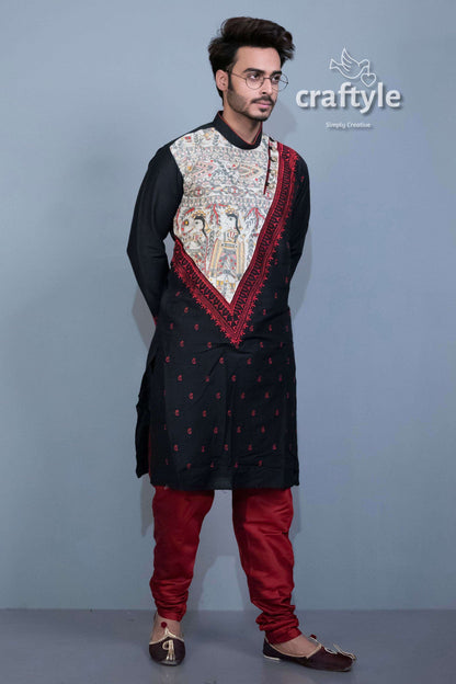 Jet Black Exclusive Madhubani Silk Kurta - Embroidered Ethnic Wear for Men - Craftyle