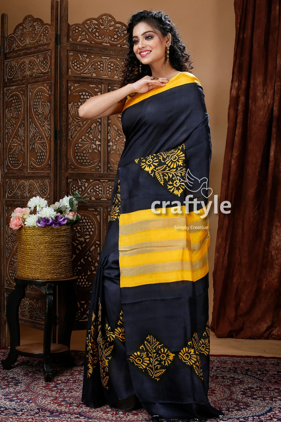 Jet black hand block mulberryi pure silk saree black yellow patterned saree 2