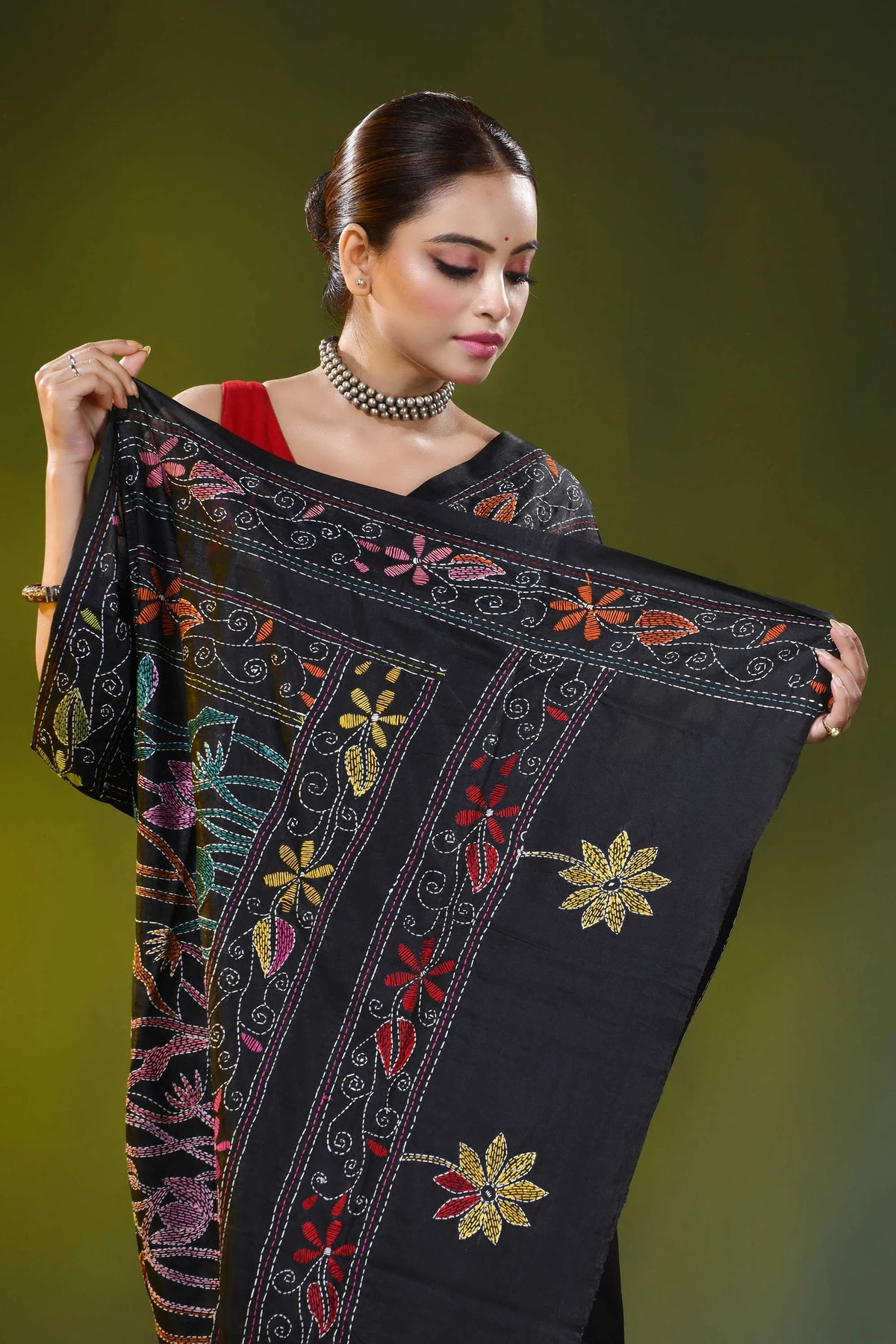 Jet black kantha embroidery silk saree with multicolor floral motif 2