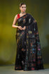 Jet black kantha embroidery silk saree with multicolor floral motif 1
