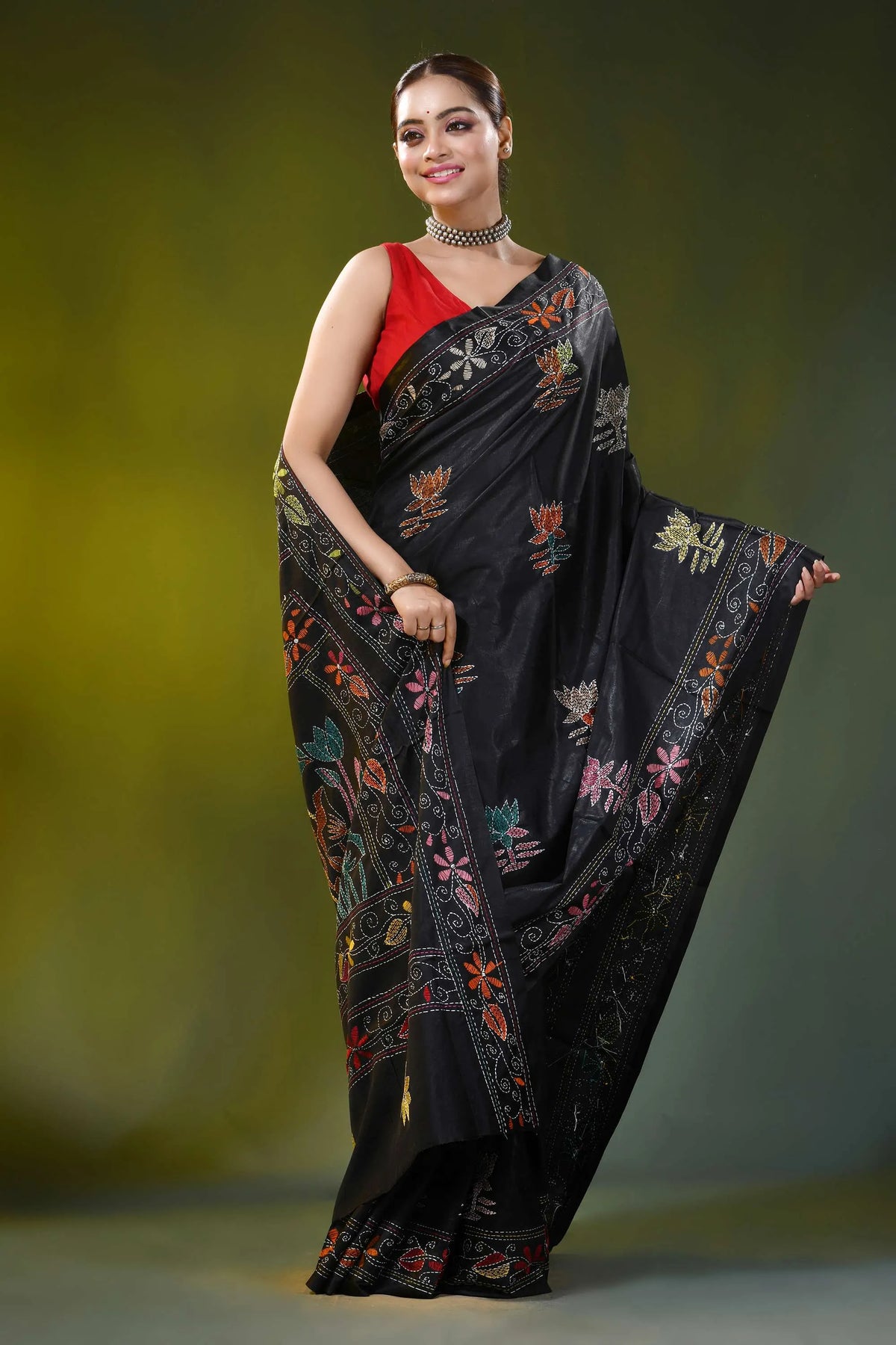 Jet black kantha embroidery silk saree with multicolor floral motif 4