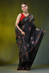 Jet black kantha embroidery silk saree with multicolor floral motif 4