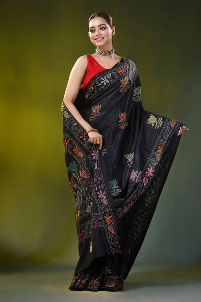 Jet black kantha embroidery silk saree with multicolor floral motif 4