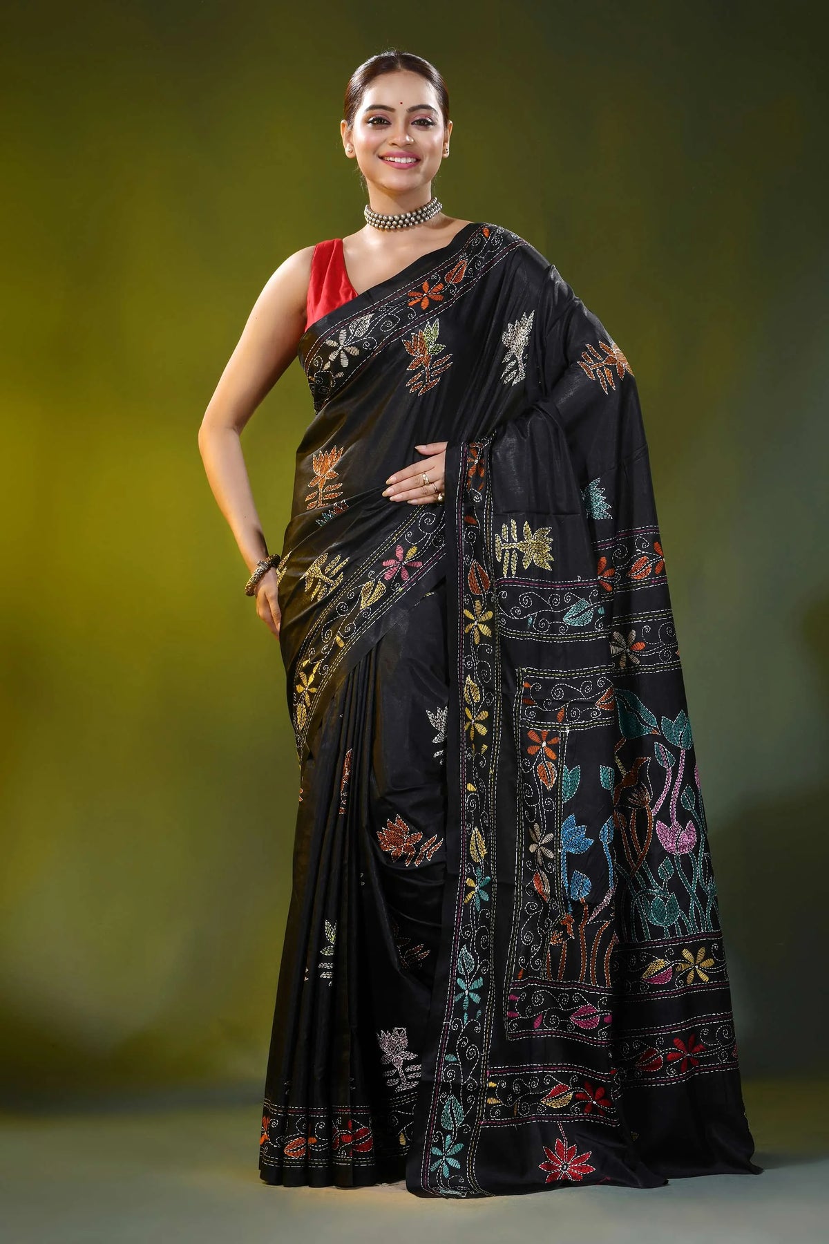 Jet black kantha embroidery silk saree with multicolor floral motif 6