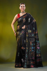 Jet black kantha embroidery silk saree with multicolor floral motif 6