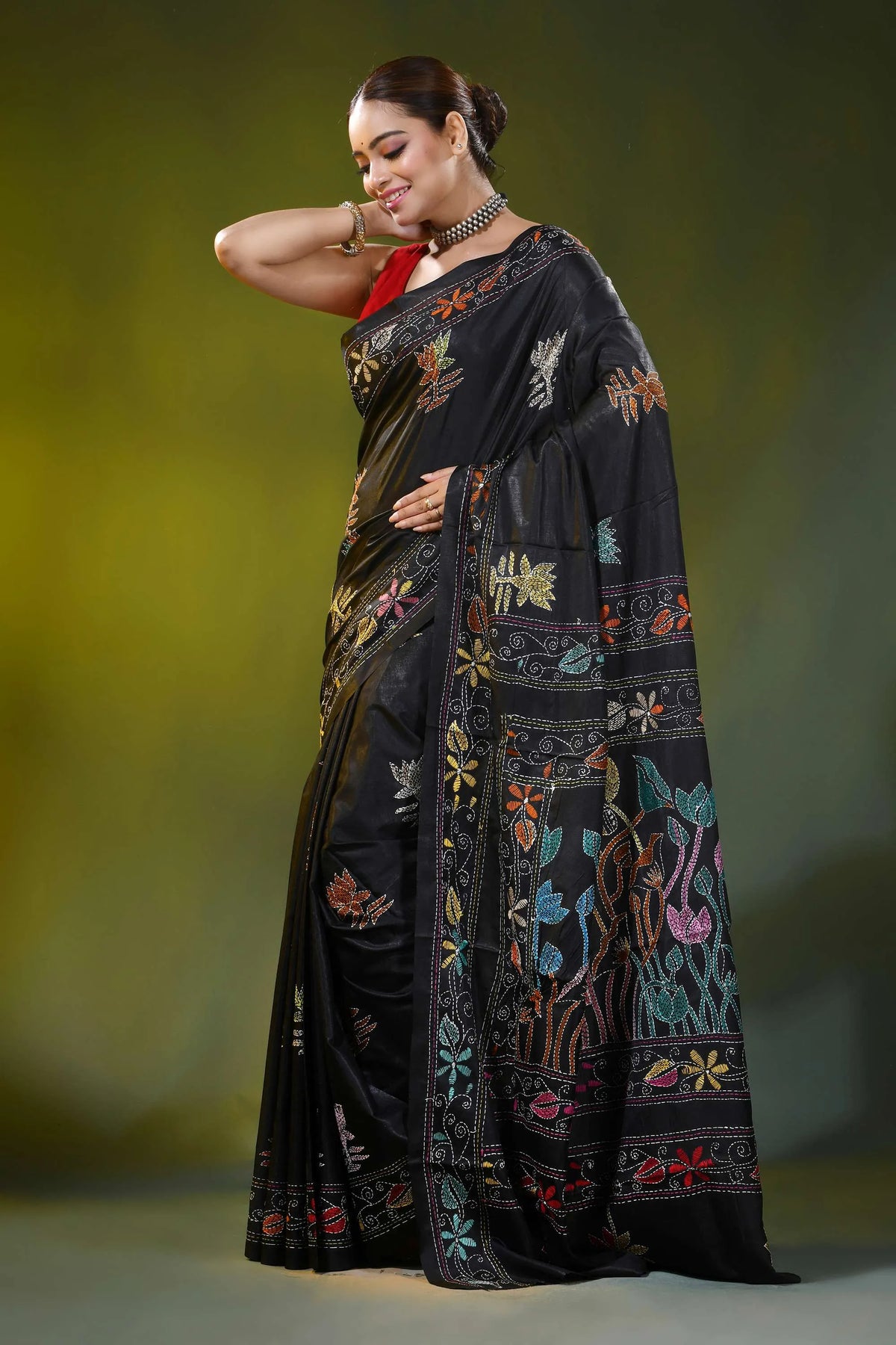 Jet black kantha embroidery silk saree with multicolor floral motif 3