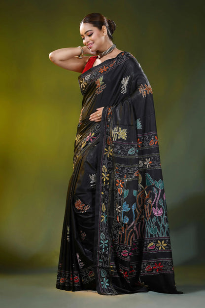 Jet black kantha embroidery silk saree with multicolor floral motif 3