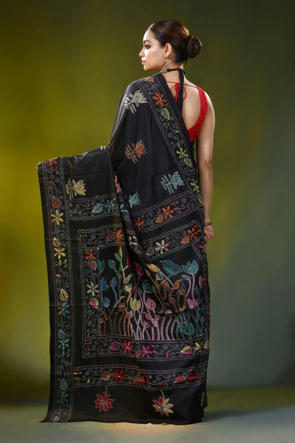 Jet black kantha embroidery silk saree with multicolor floral motif 5