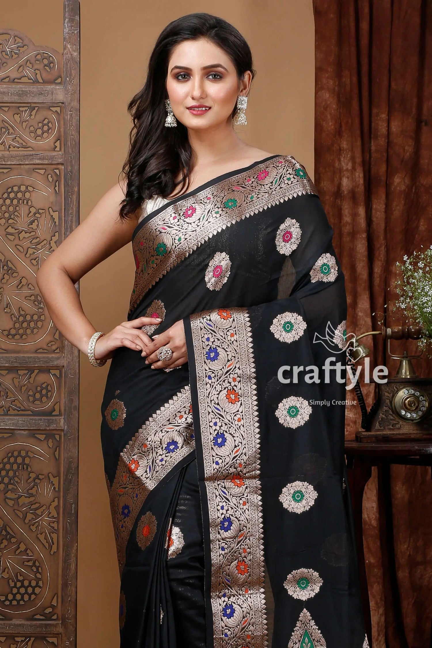 Jet black mangalgiri silk saree with zari work elegant and timeless black saree colorful floral designs 2