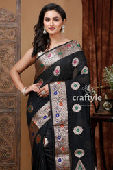 Jet black mangalgiri silk saree with zari work elegant and timeless black saree colorful floral designs 2