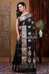 Jet black mangalgiri silk saree with zari work elegant and timeless black saree colorful woven designs 3