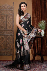 Jet Black Mangalgiri Silk Saree with Zari Work Elegant and Timeless - Craftyle