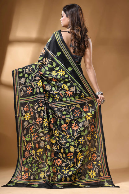 Jet black multicolor floral hand kantha embroidery silk saree black silk saree intricate floral 4