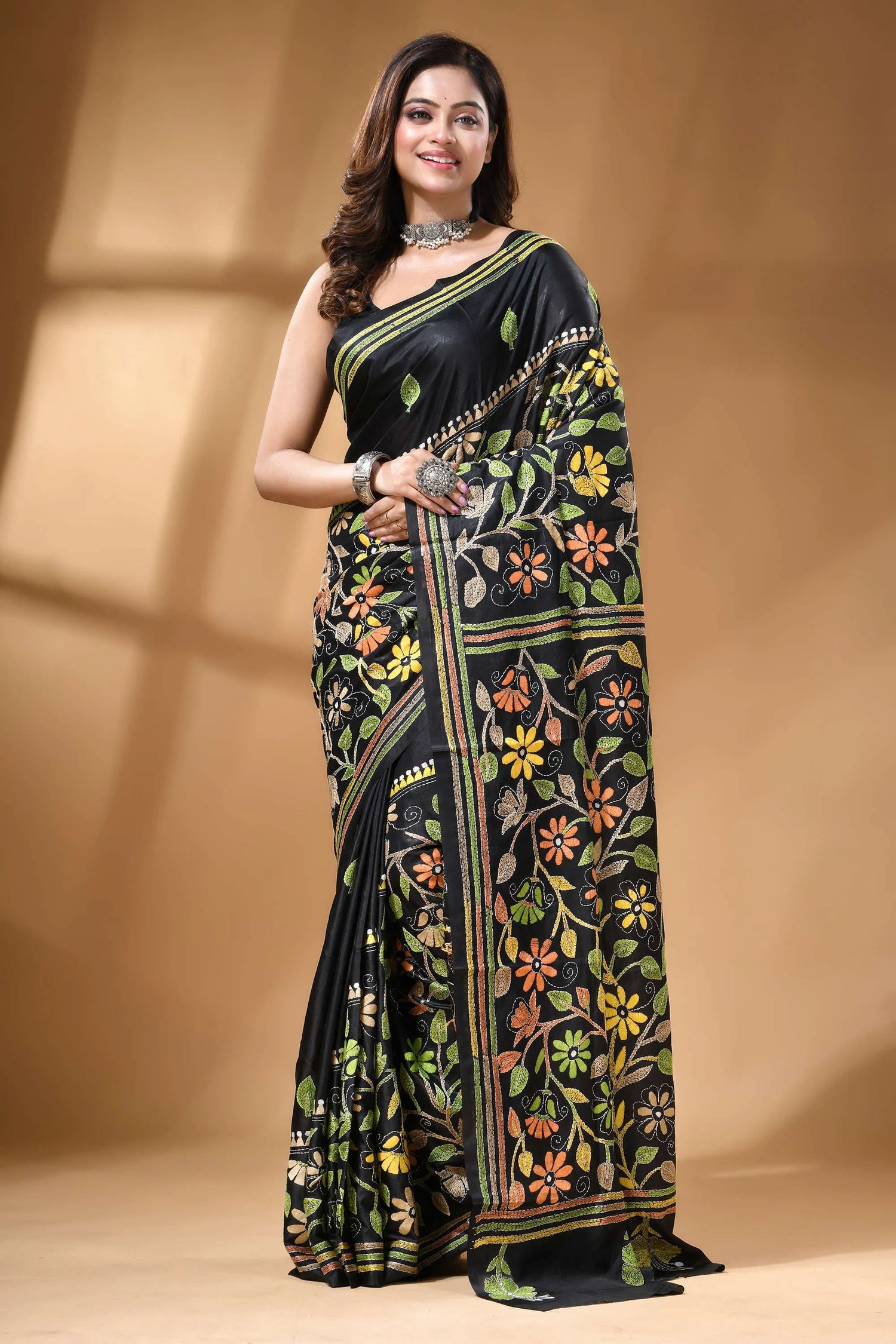 Jet black multicolor floral hand kantha embroidery silk saree black silk saree adorned intricate 7