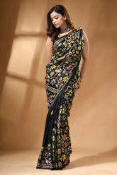 Jet black multicolor floral hand kantha embroidery silk saree black silk saree adorned intricate 6