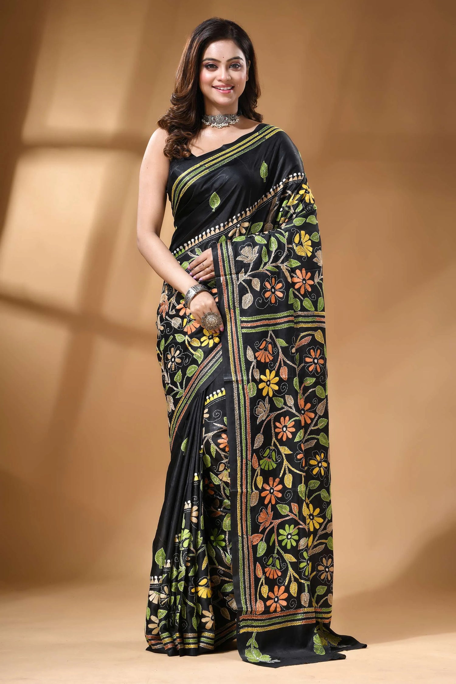 Jet black multicolor floral hand kantha embroidery silk saree black silk saree adorned intricate 1