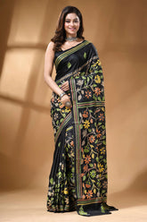 Jet black multicolor floral hand kantha embroidery silk saree black silk saree adorned intricate 1