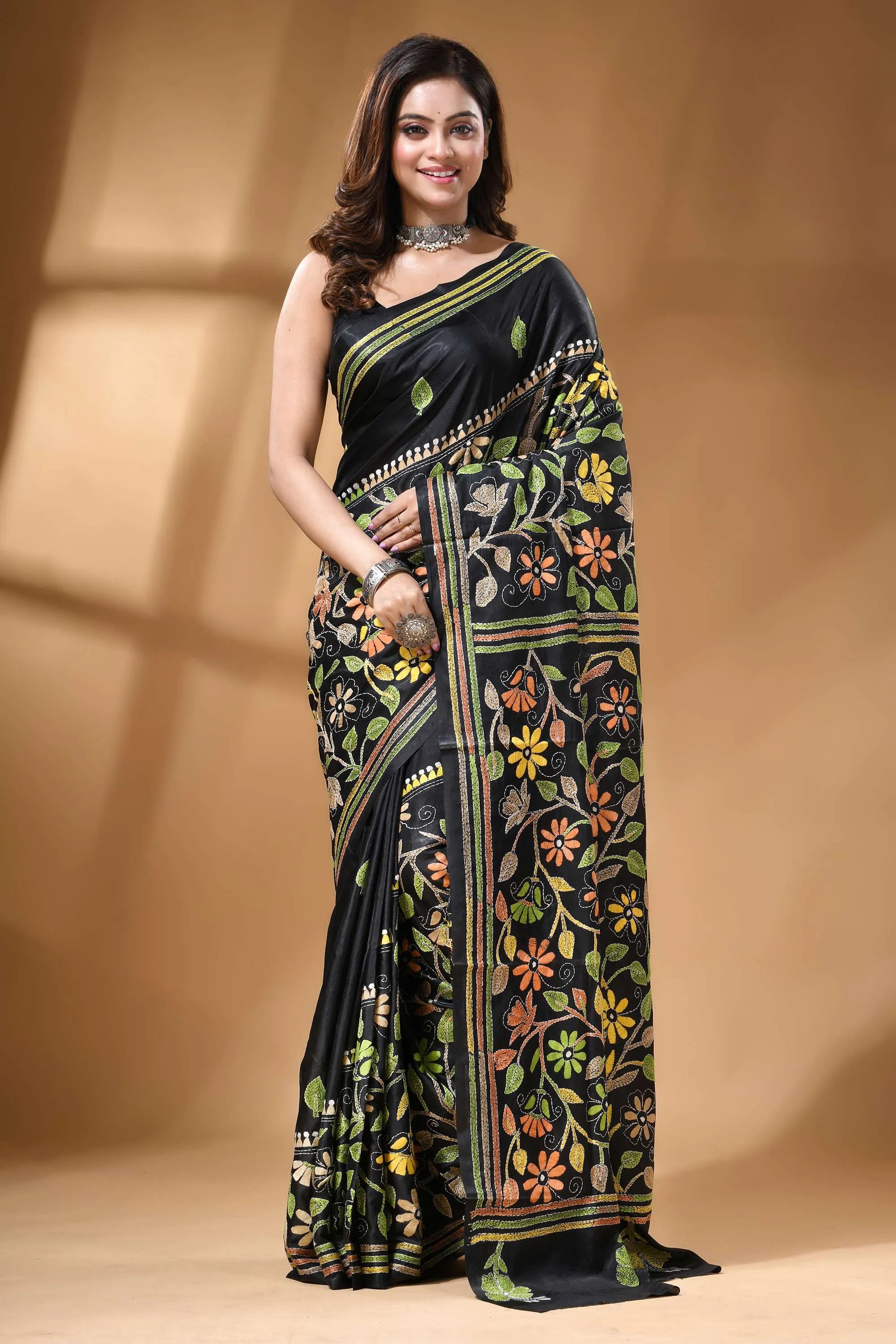 Jet black multicolor floral hand kantha embroidery silk saree black silk saree adorned intricate 1