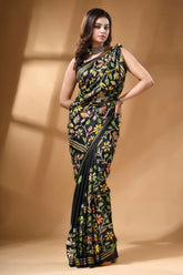 Jet black multicolor floral hand kantha embroidery silk saree black sari intricate floral embroidery 5