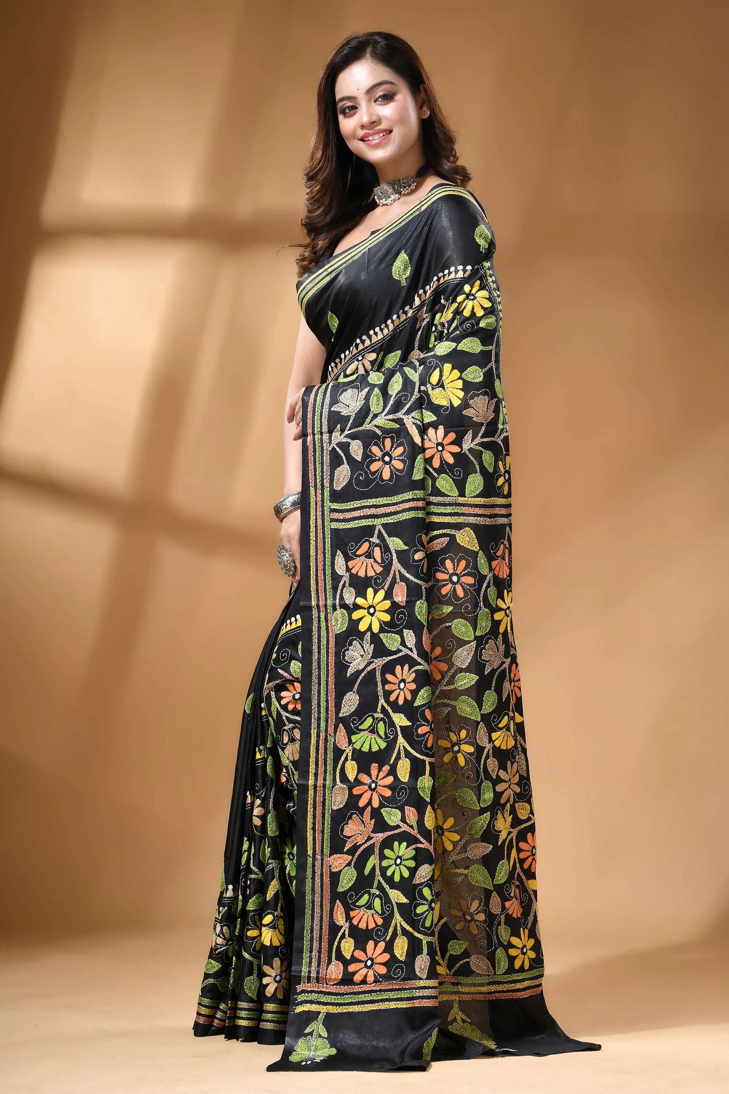 Jet black multicolor floral hand kantha embroidery silk saree black silk saree adorned intricate 3