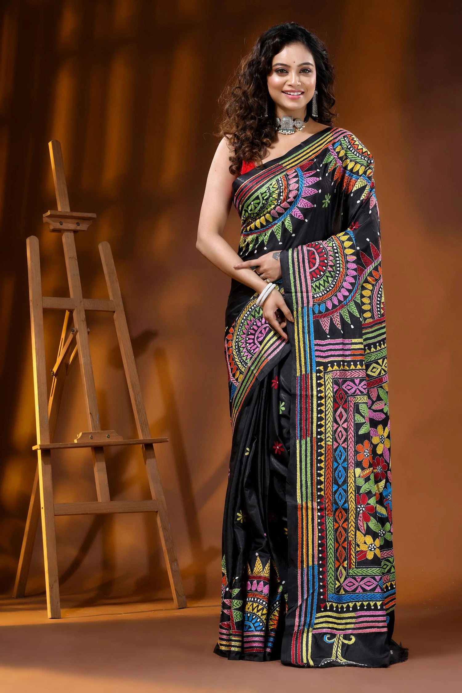 Jet black silk kantha saree multicolor thread mandala floral design 1
