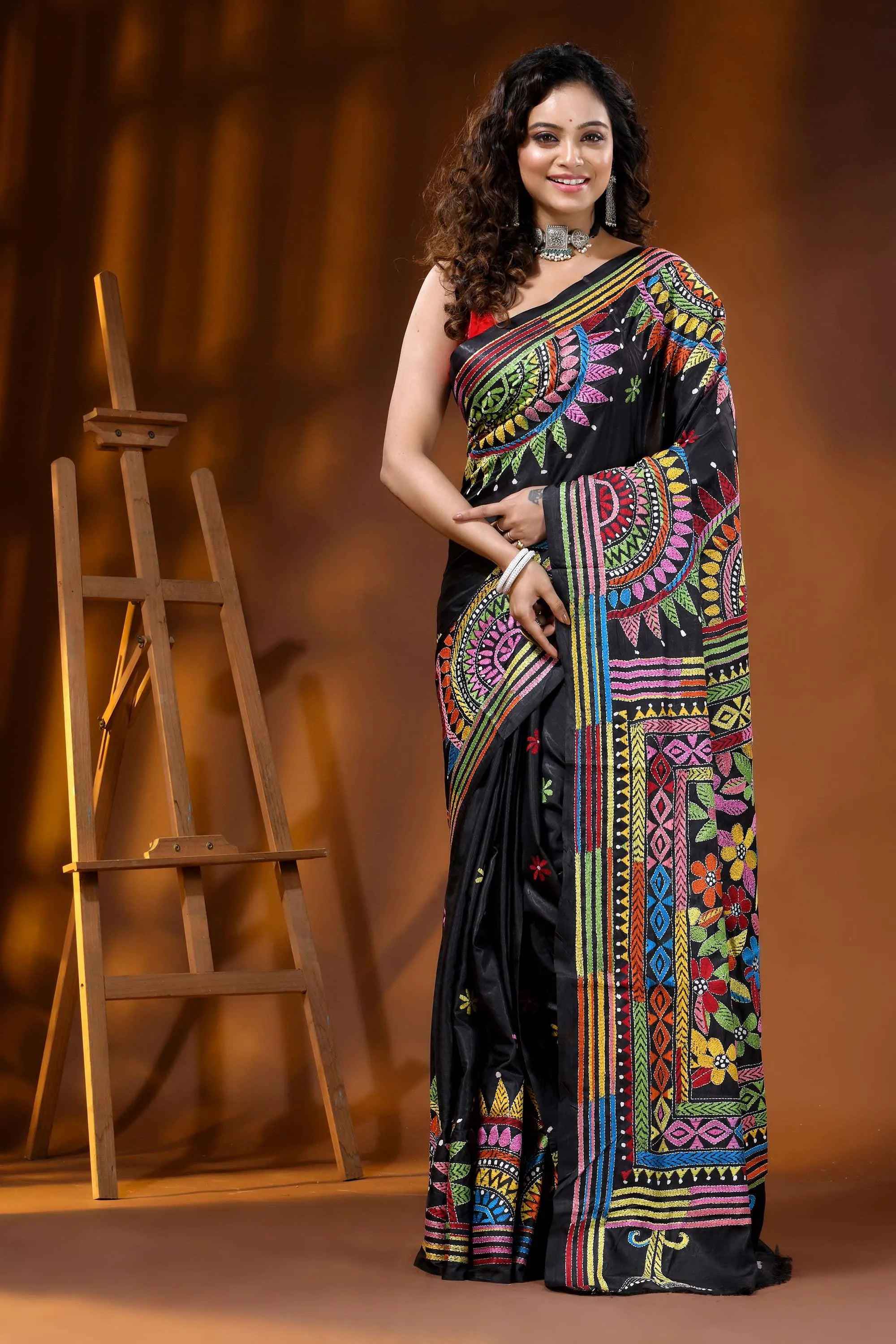 Jet black silk kantha saree multicolor thread mandala floral design 1