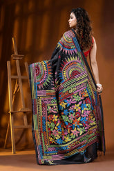 Jet black silk kantha saree multicolor thread mandala floral design 5