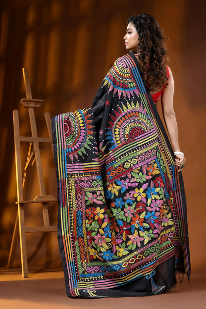 Jet black silk kantha saree multicolor thread mandala floral design 5