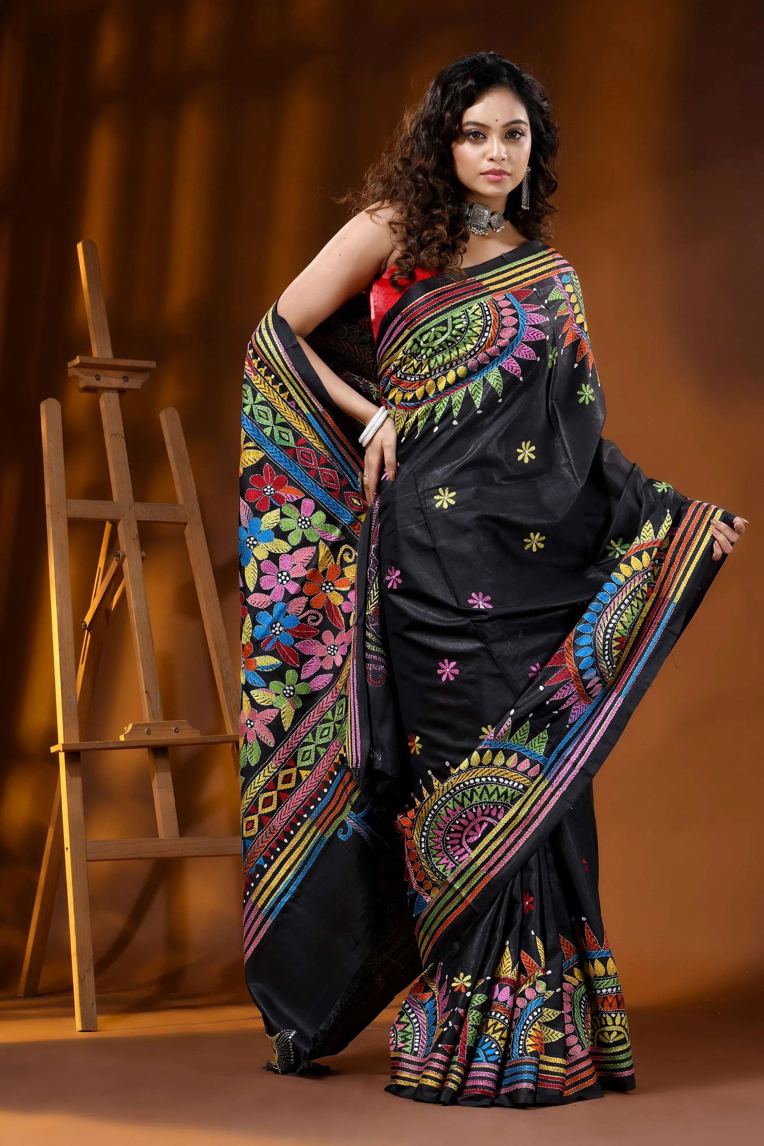 Jet black silk kantha saree multicolor thread mandala floral design 4