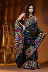 Jet black silk kantha saree multicolor thread mandala floral design 4