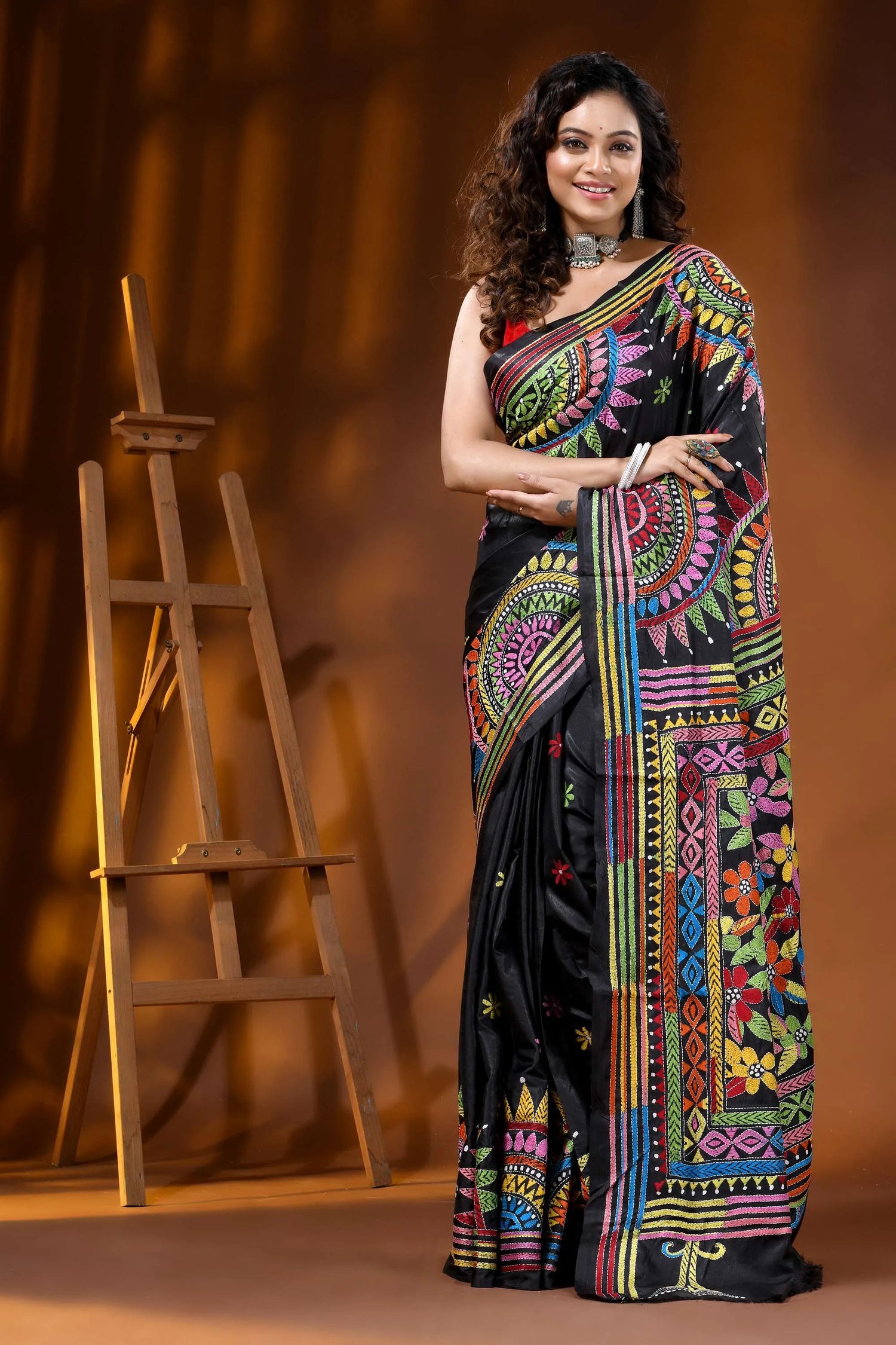 Jet black silk kantha saree multicolor thread mandala floral design 6