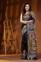 Jet black silk kantha saree multicolor thread mandala floral design 6