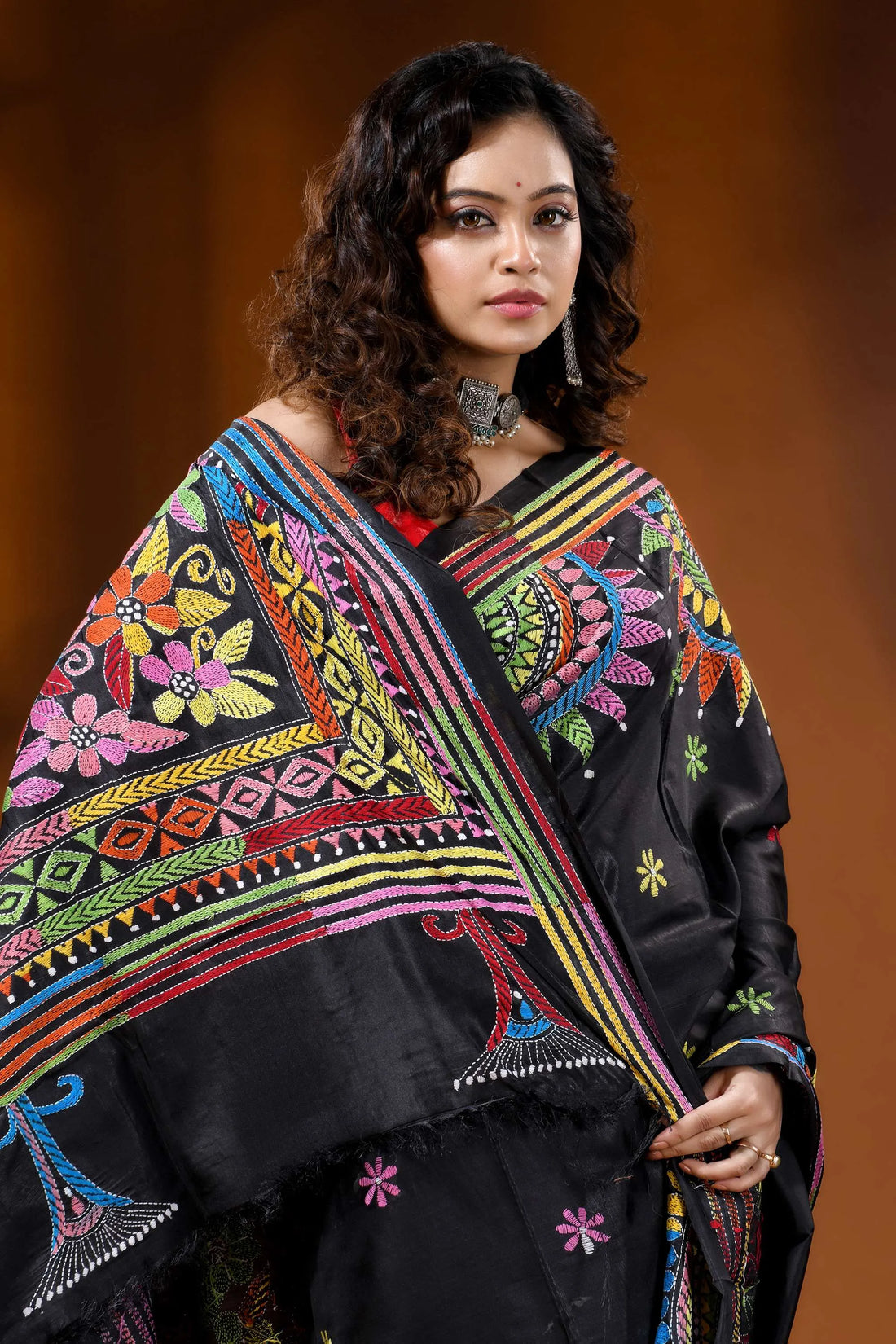 Jet black silk kantha saree multicolor thread mandala floral design 2