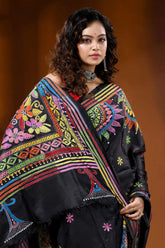 Jet black silk kantha saree multicolor thread mandala floral design 2