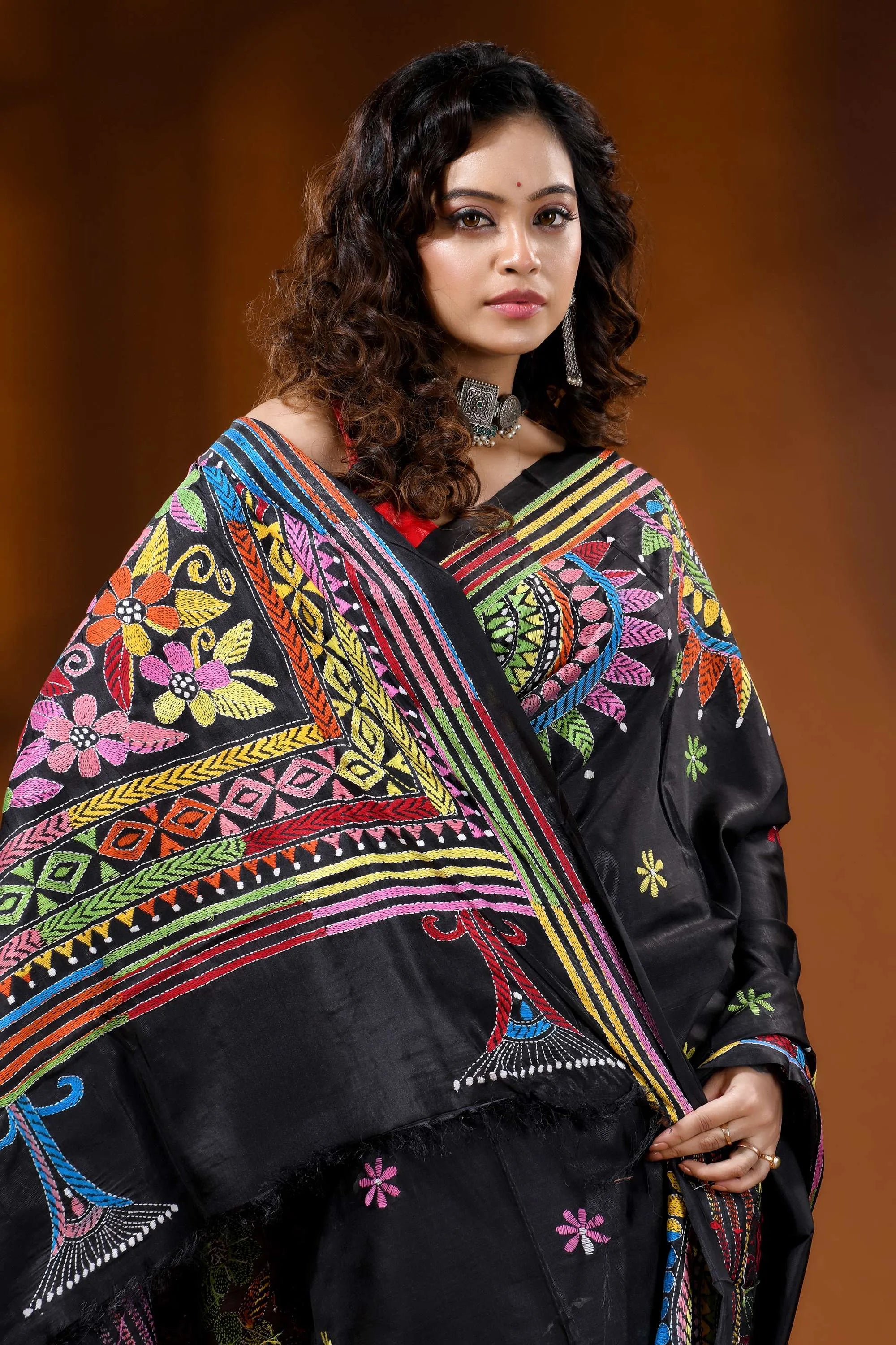 Jet black silk kantha saree multicolor thread mandala floral design 2