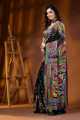 Jet black silk kantha saree multicolor thread mandala floral design 3