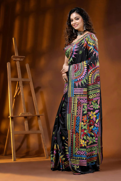 Jet black silk kantha saree multicolor thread mandala floral design 3