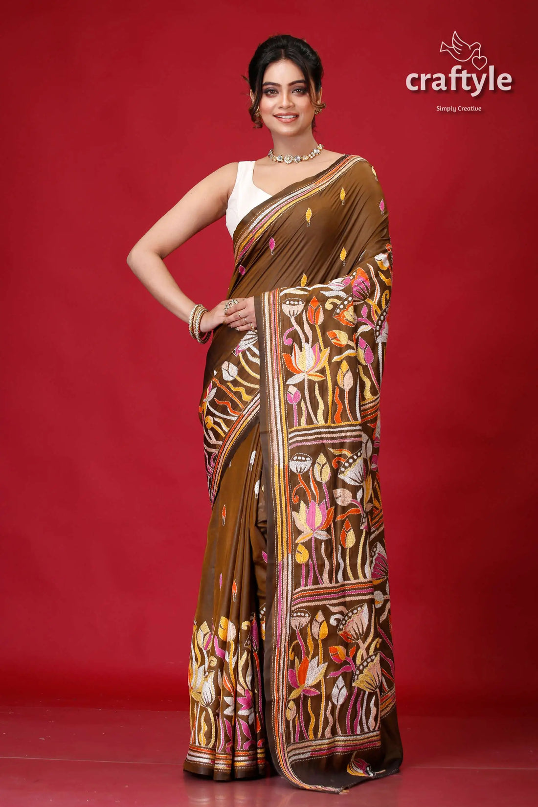 Judge grey lotus motif exquisite silk kantha stitch saree brown saree floral design 1