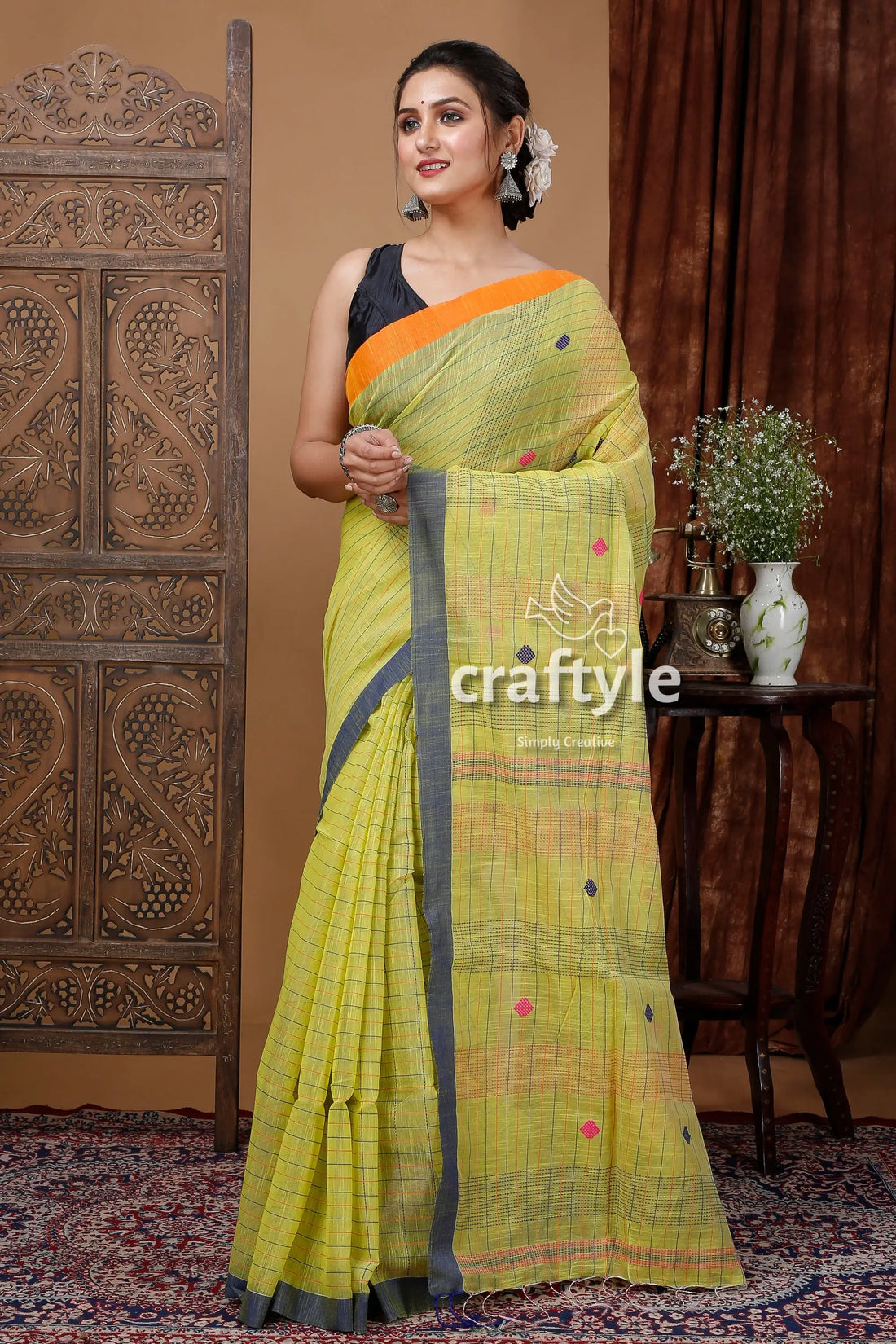 June bud yellow handloom cotton saree with stitched detail yellow checked saree orange gray 1
