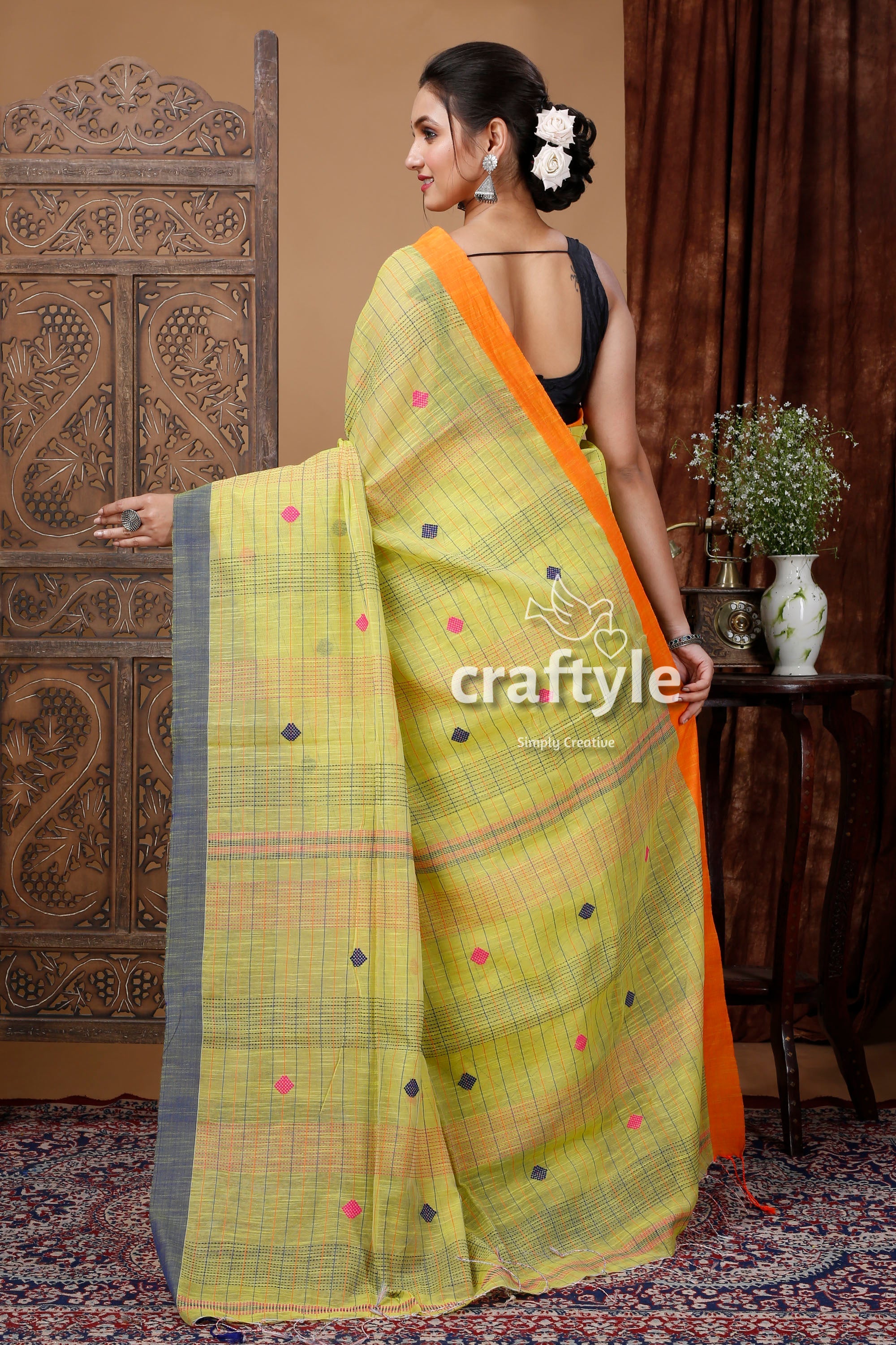 June Bud Yellow Handloom Cotton Saree with Stitched Detail-Craftyle
