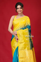 Jungle Green and Yellow Soft Silk Kanjivaram Saree-Craftyle