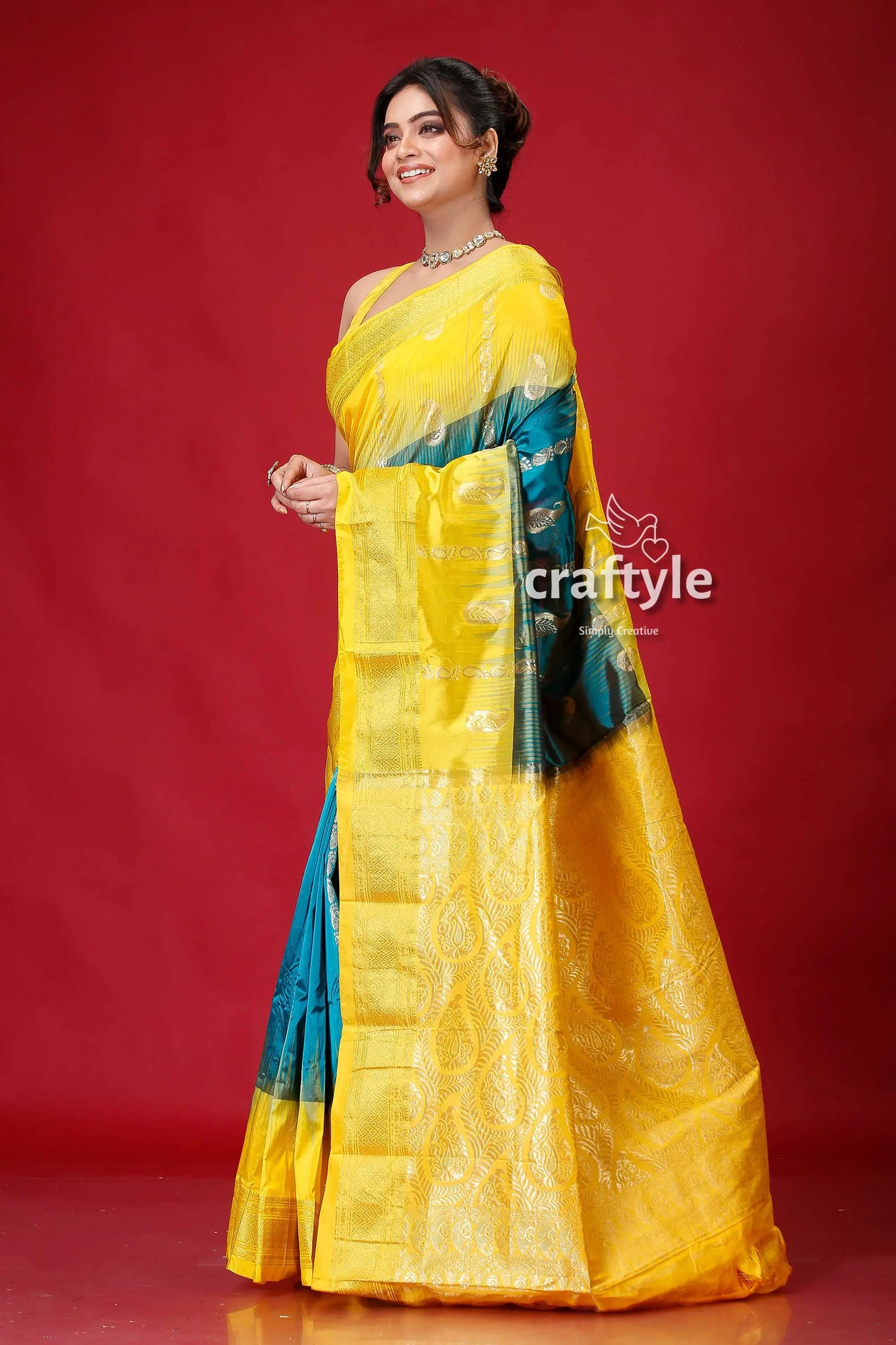 Jungle green and yellow soft silk kanjivaram saree yellow teal saree 3