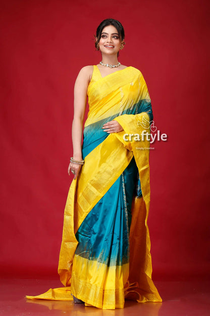 Jungle green and yellow soft silk kanjivaram saree woman yellow blue saree 4