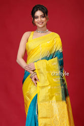 Jungle green and yellow soft silk kanjivaram saree yellow blue silk saree 2