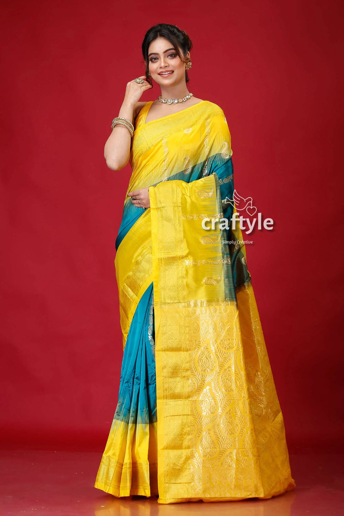 Jungle green and yellow soft silk kanjivaram saree yellow blue saree 1
