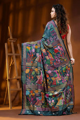 Jungle green artisanal village theme handcrafted silk kantha stitch saree 4